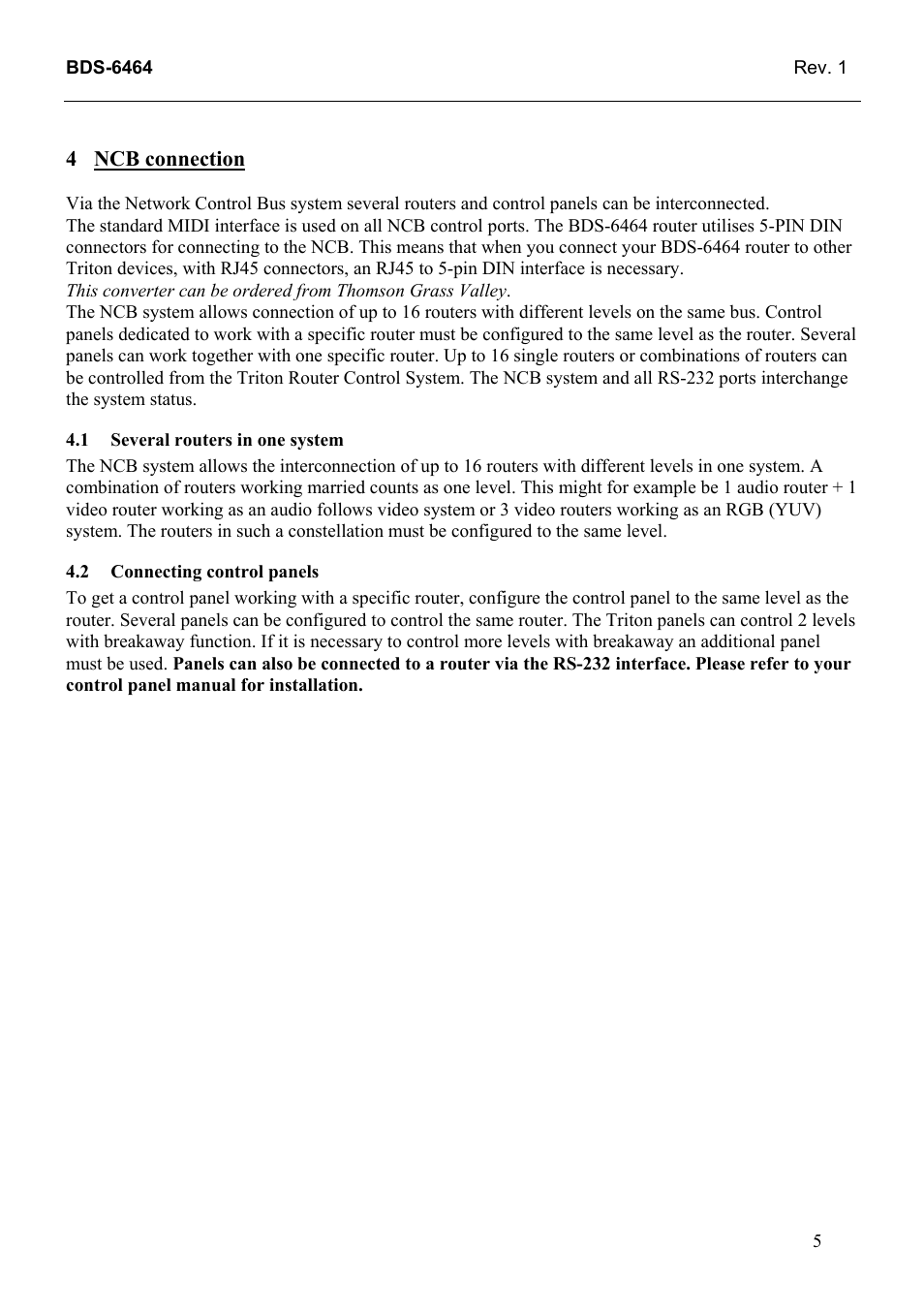 Ncb connection, Several routers in one system, Connecting control panels | Grass Valley TTN-BDS-6464 User Manual | Page 13 / 27
