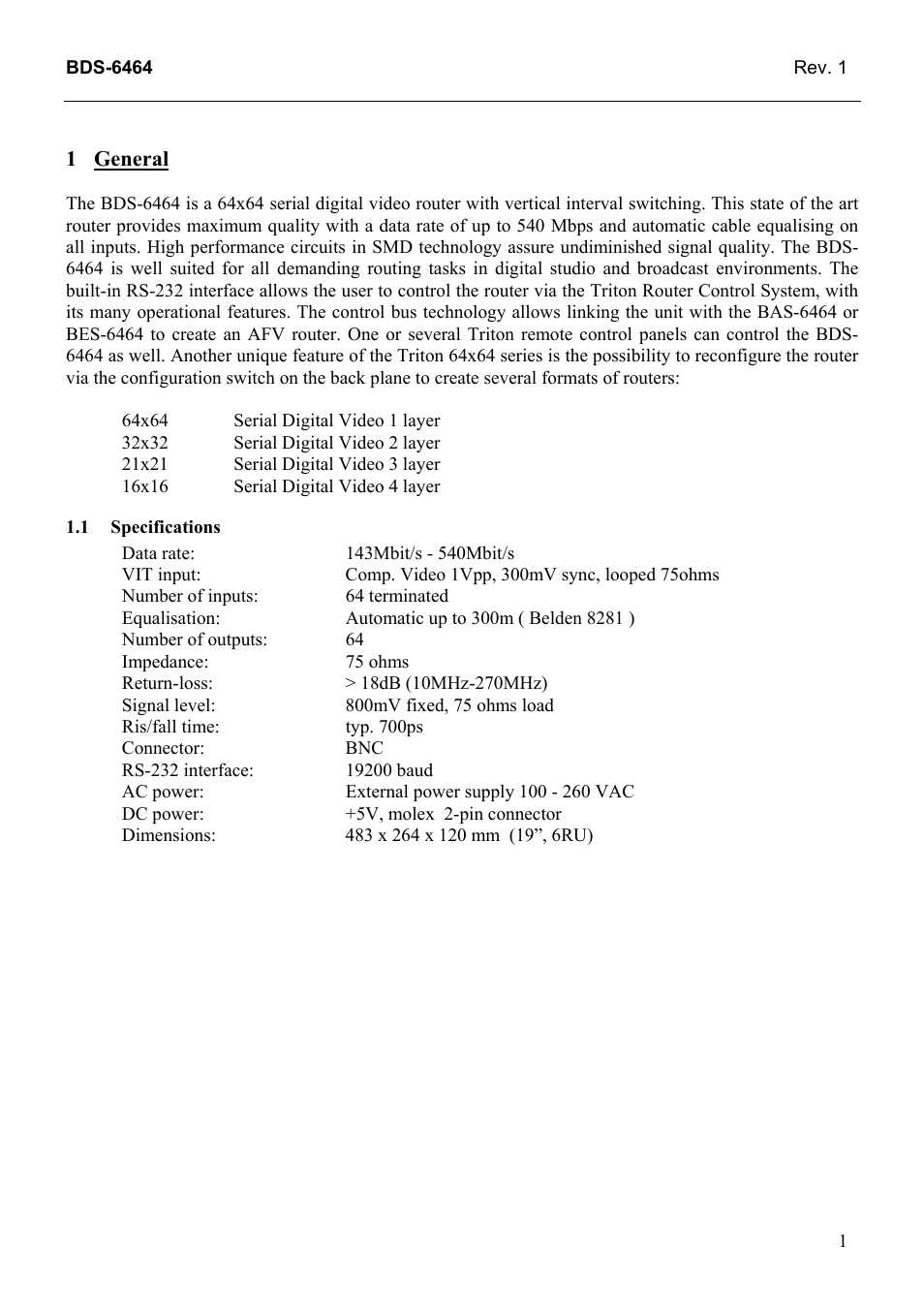 General, Specifications, General 1 | 1 specifications | Grass Valley TTN-BDS-6464 User Manual | Page 9 / 27
