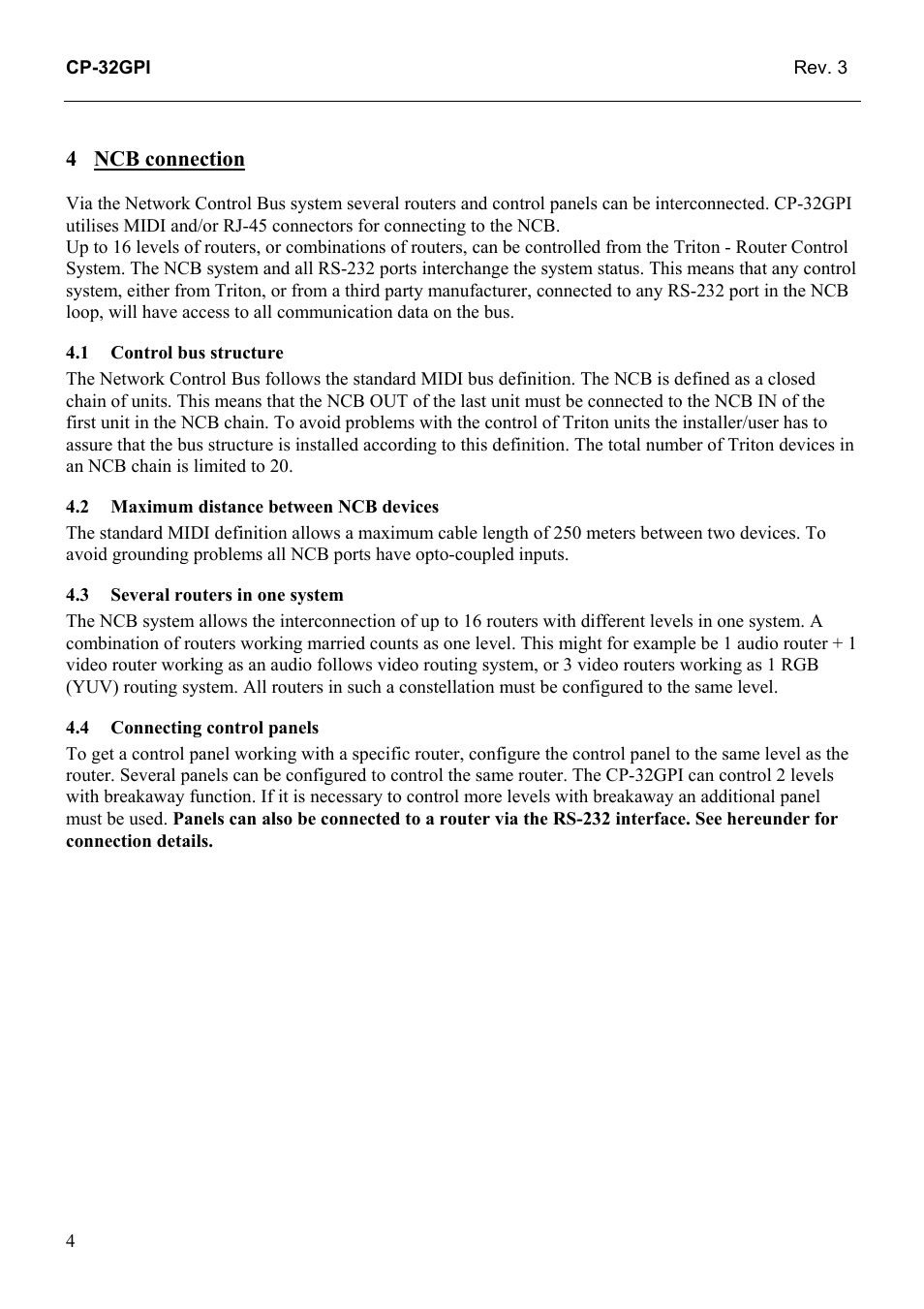 Ncb connection, Control bus structure, Maximum distance between ncb devices | Several routers in one system, Connecting control panels | Grass Valley TTN-CP-32GPI User Manual | Page 10 / 21