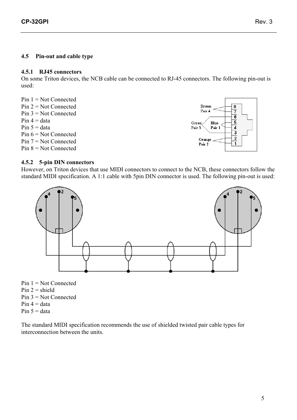 Pin-out and cable type, Rj45 connectors, Pin din connectors | 1 rj45, Connectors | Grass Valley TTN-CP-32GPI User Manual | Page 11 / 21