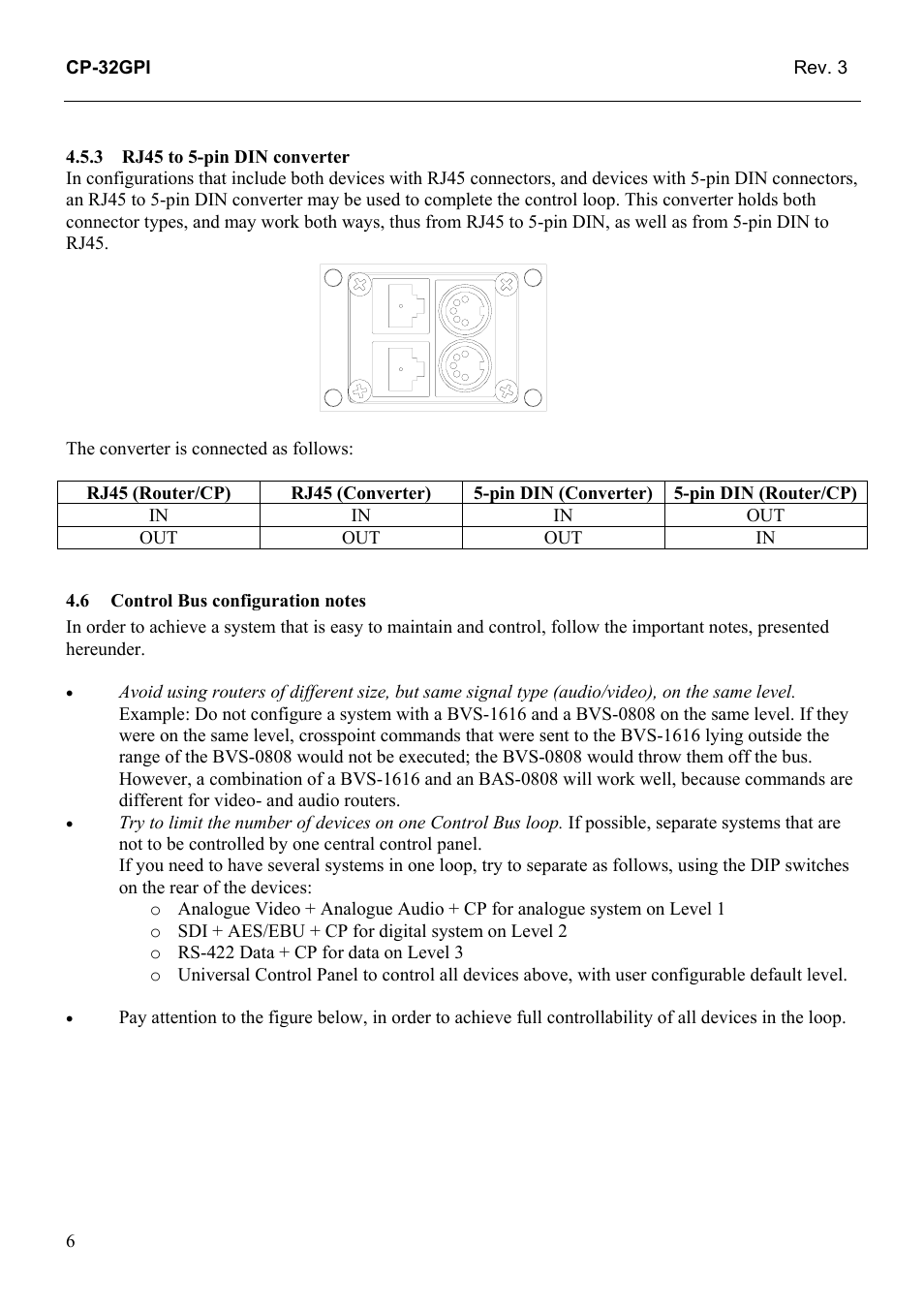 Rj45 to 5-pin din converter, Control bus configuration notes | Grass Valley TTN-CP-32GPI User Manual | Page 12 / 21