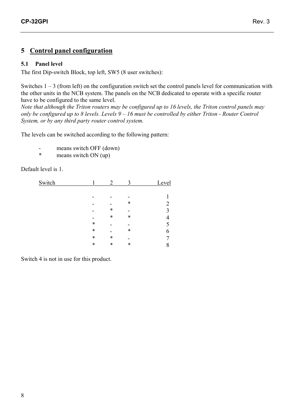 Control panel configuration, Panel level, 1 panel | Level | Grass Valley TTN-CP-32GPI User Manual | Page 14 / 21