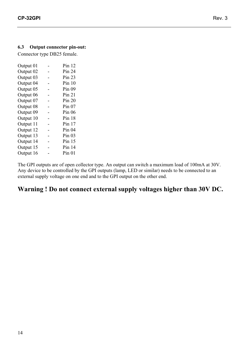 Output connector pin-out | Grass Valley TTN-CP-32GPI User Manual | Page 20 / 21