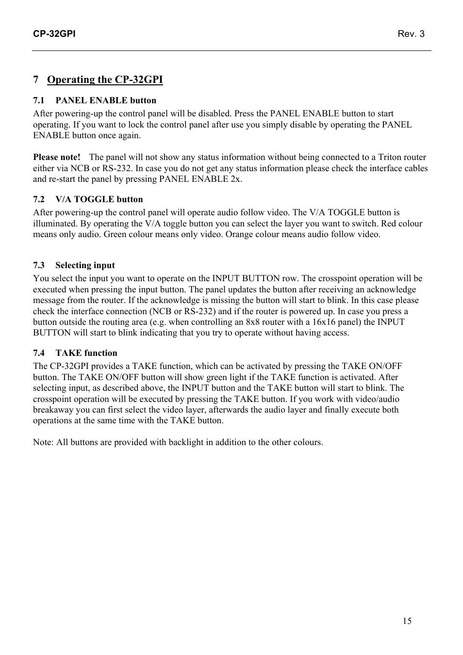 Operating the cp-32gpi, Panel enable button, V/a toggle button | Selecting input, Take function, 3 selecting, Input, 4 take, Function | Grass Valley TTN-CP-32GPI User Manual | Page 21 / 21