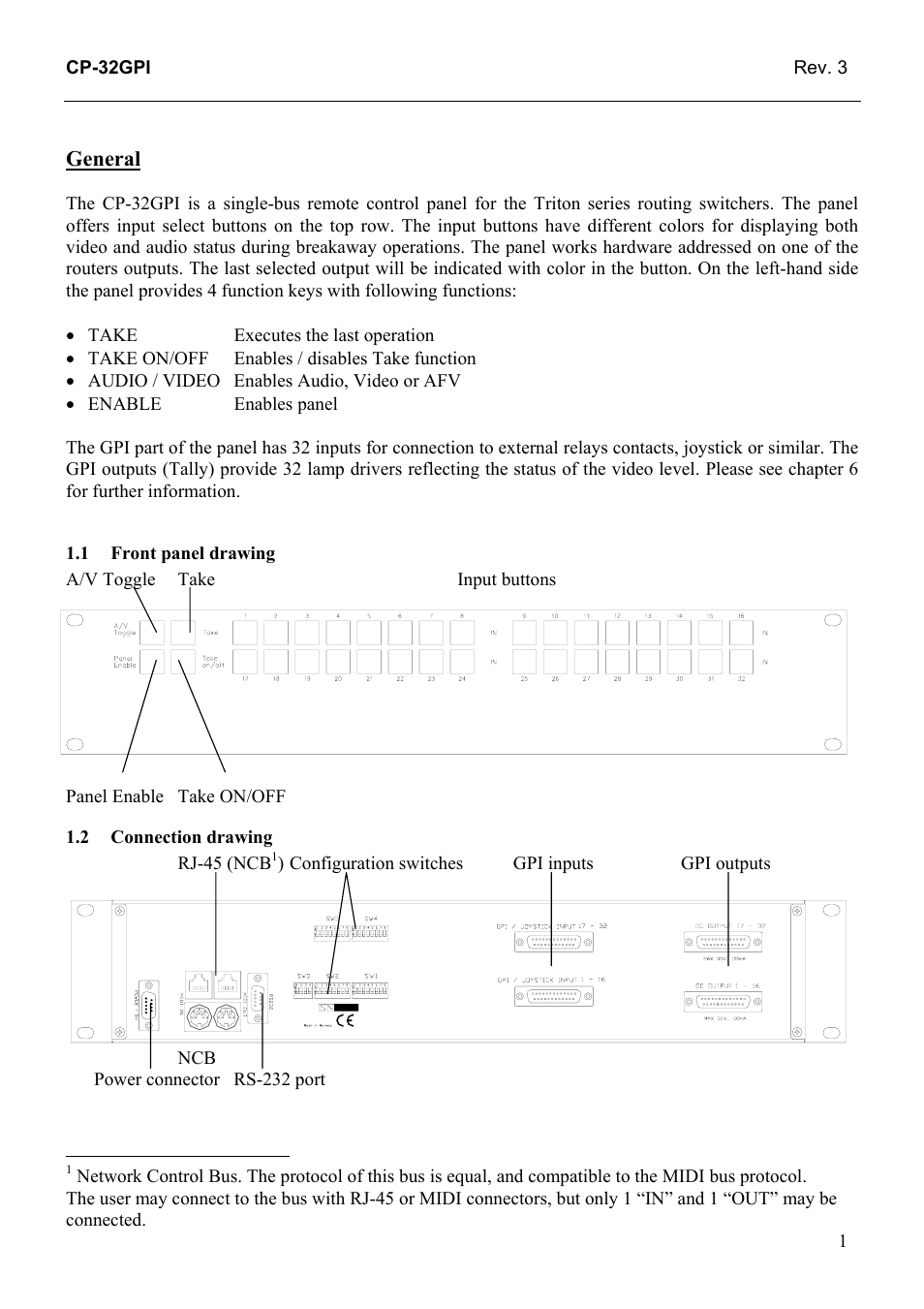 General, Front panel drawing, Connection drawing | General 1, 2 connection, Drawing | Grass Valley TTN-CP-32GPI User Manual | Page 7 / 21