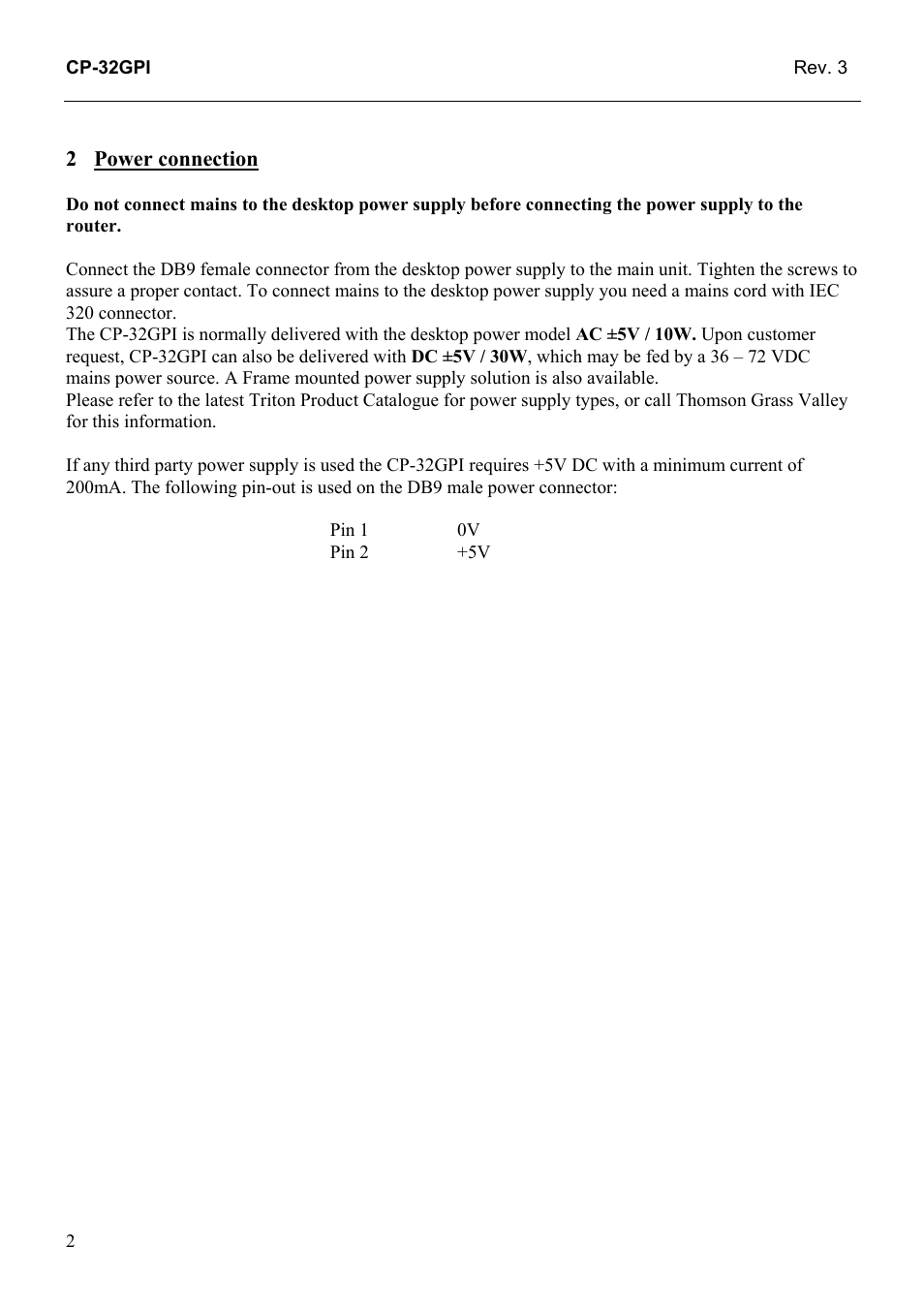 Power connection | Grass Valley TTN-CP-32GPI User Manual | Page 8 / 21