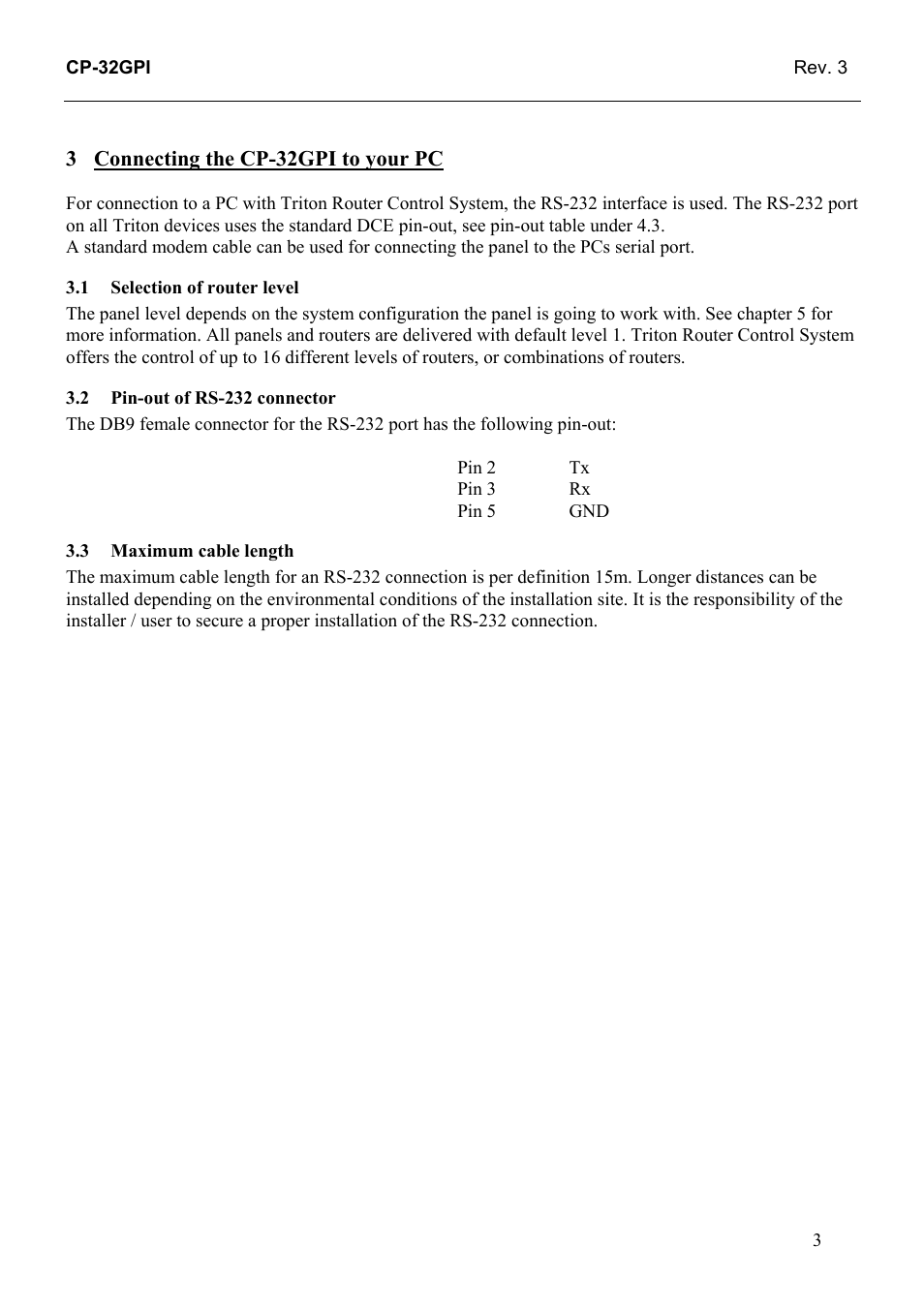 Connecting the cp-32gpi to your pc, Selection of router level, Pin-out of rs-232 connector | Maximum cable length | Grass Valley TTN-CP-32GPI User Manual | Page 9 / 21