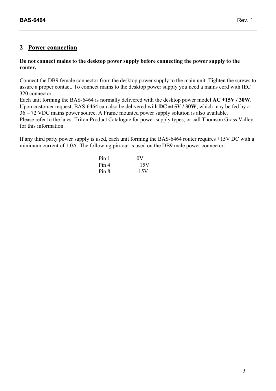 Power connection | Grass Valley TTN-BAS-6464 User Manual | Page 11 / 27