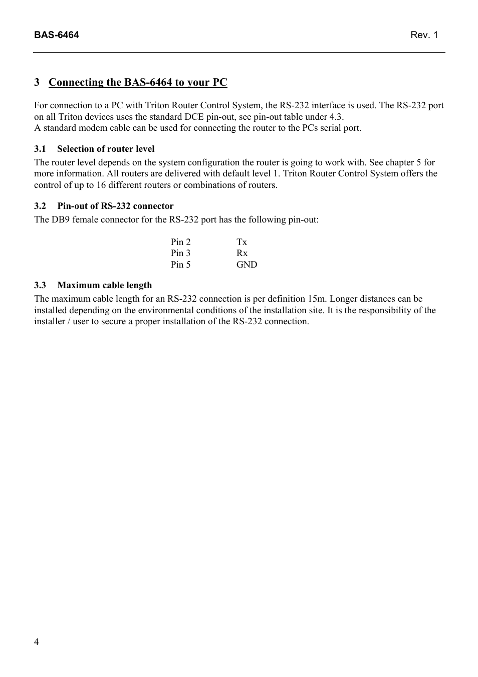 Connecting the bas-6464 to your pc, Selection of router level, Pin-out of rs-232 connector | Maximum cable length | Grass Valley TTN-BAS-6464 User Manual | Page 12 / 27