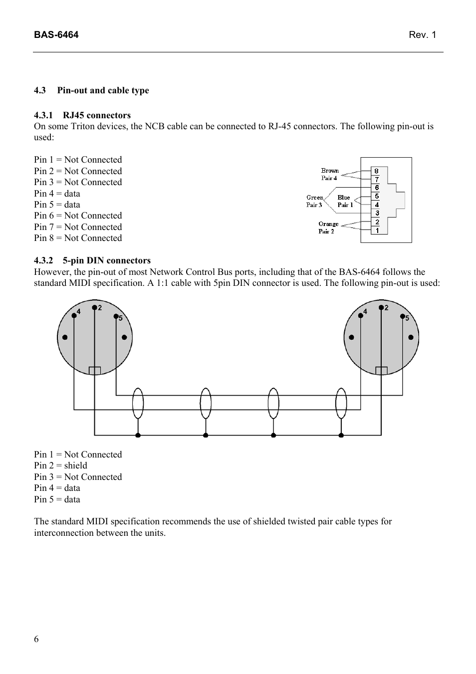 Pin-out and cable type, Rj45 connectors, Pin din connectors | 1 rj45, Connectors | Grass Valley TTN-BAS-6464 User Manual | Page 14 / 27