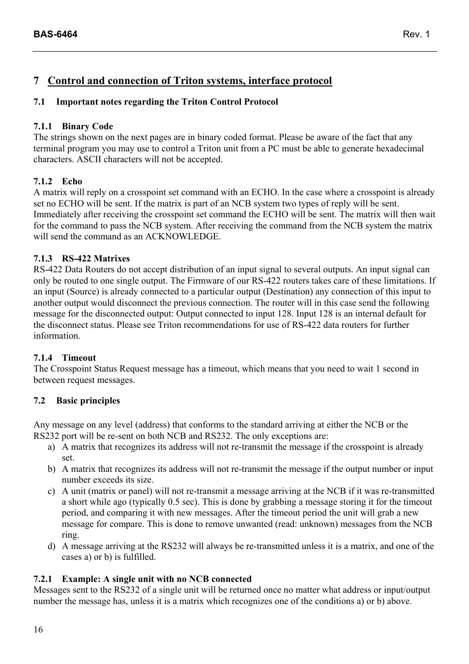 Binary code, Echo, Rs-422 matrixes | Timeout, Basic principles, Example: a single unit with no ncb connected, 1 binary, Code, 2 echo, 3 rs-422 | Grass Valley TTN-BAS-6464 User Manual | Page 24 / 27