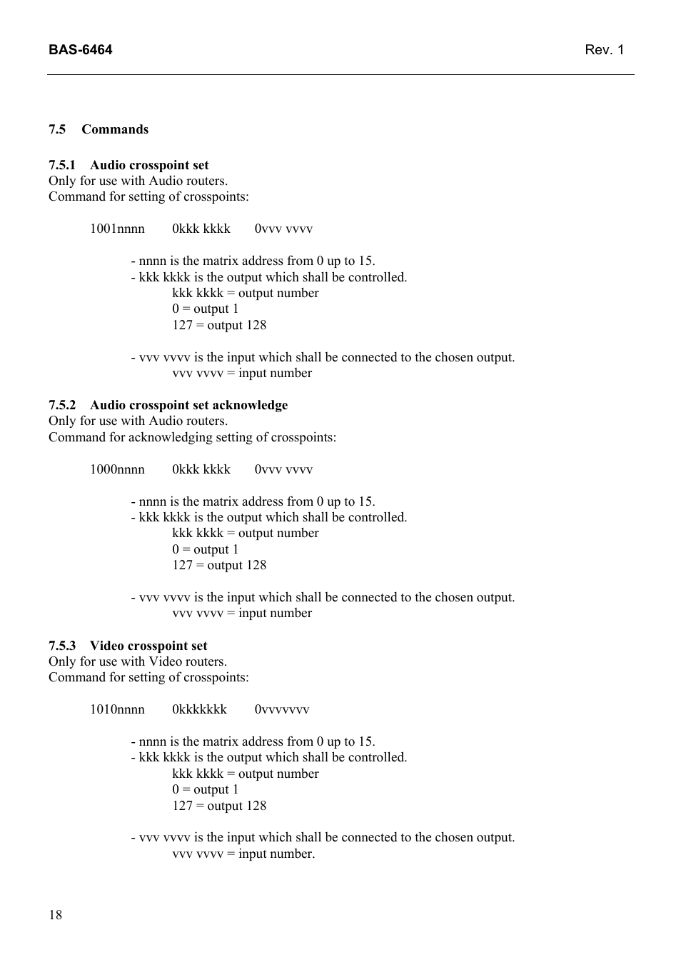 Commands, Audio crosspoint set, Audio crosspoint set acknowledge | Video crosspoint set, 5 commands | Grass Valley TTN-BAS-6464 User Manual | Page 26 / 27