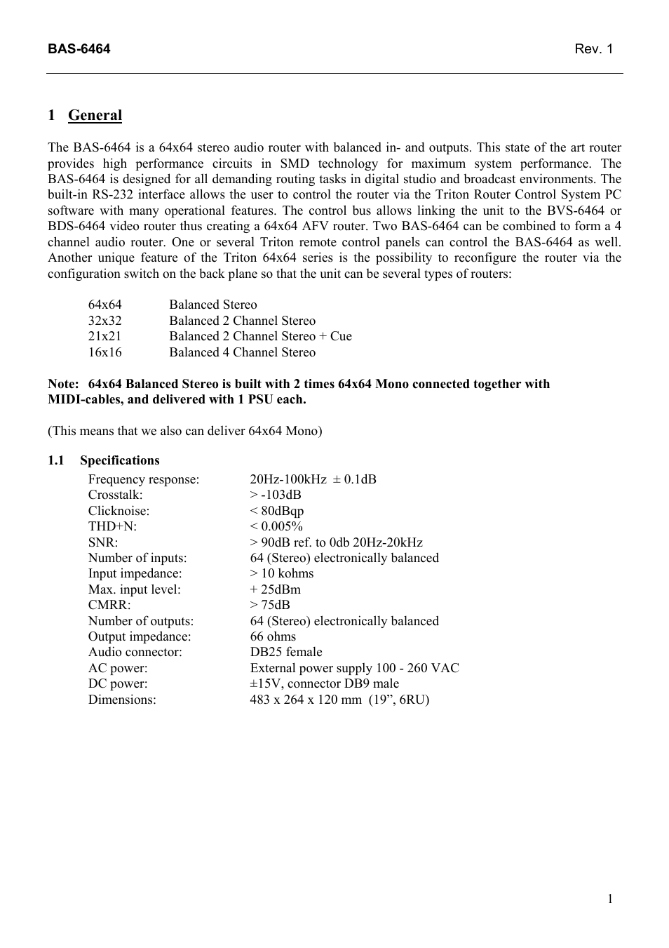 General, Specifications, General 1 | 1 specifications | Grass Valley TTN-BAS-6464 User Manual | Page 9 / 27