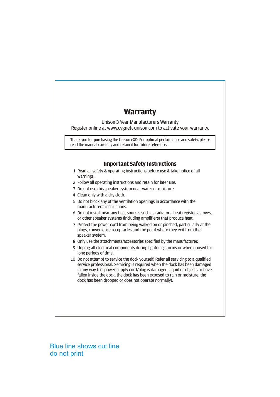 Warranty, Blue line shows cut line do not print | Cygnett Unison i-XD User Manual | Page 2 / 7