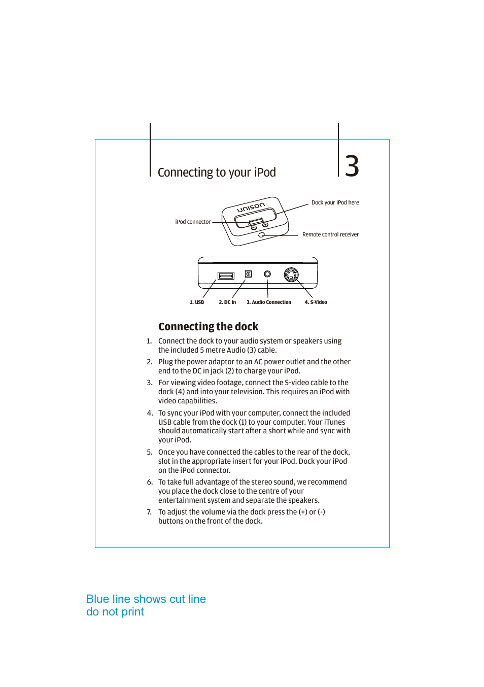 Connecting to your ipod, Connecting the dock, Blue line shows cut line do not print | Cygnett Unison i-XD User Manual | Page 5 / 7