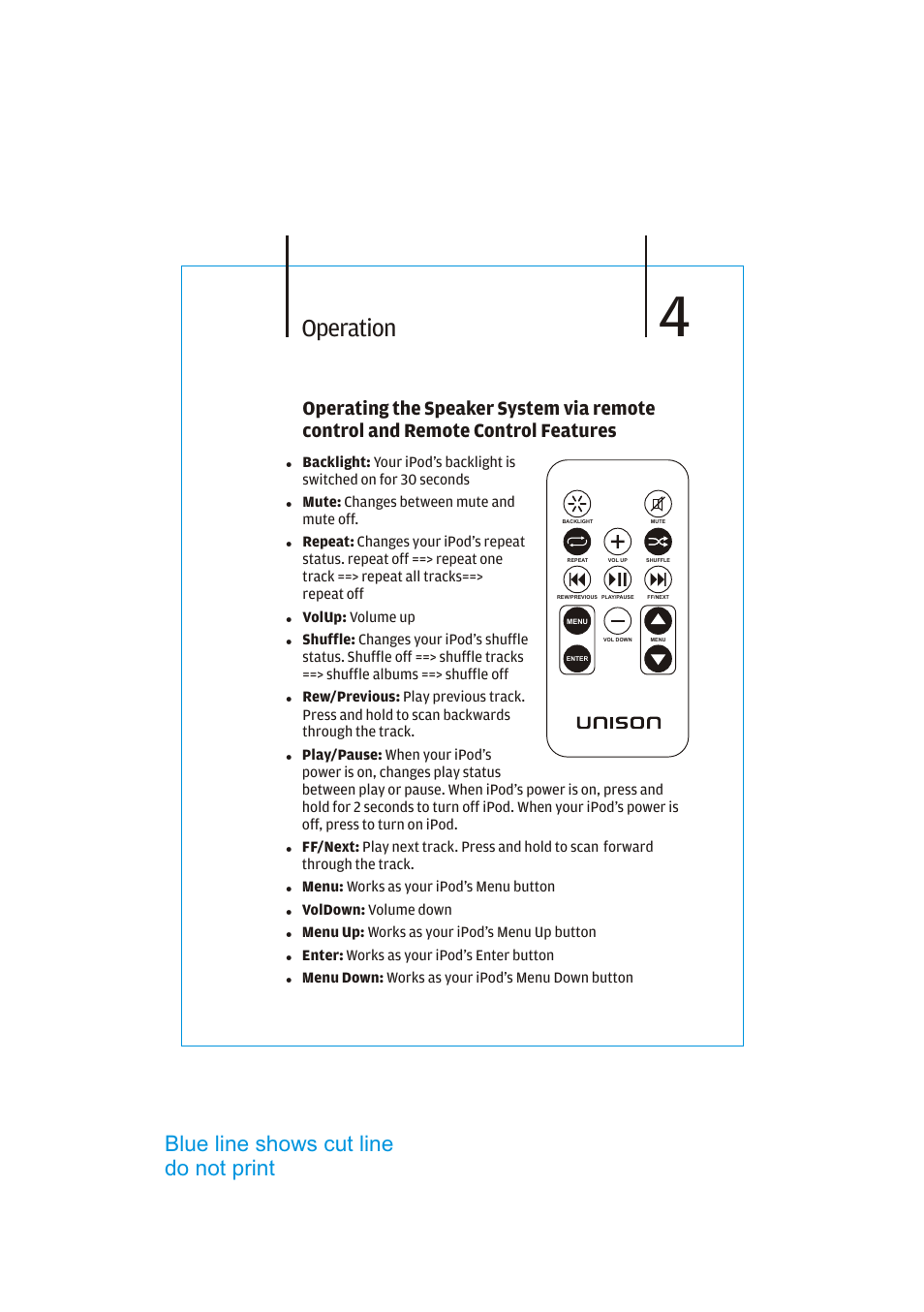 Operation, Blue line shows cut line do not print | Cygnett Unison i-XD User Manual | Page 6 / 7