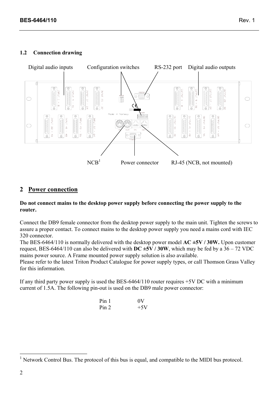Connection drawing, Power connection, 2 connection | Drawing | Grass Valley TTN-BES-6464/110 User Manual | Page 10 / 26