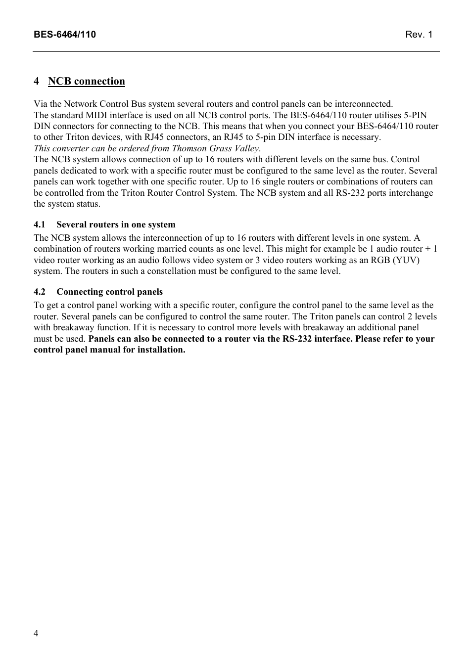 Ncb connection, Several routers in one system, Connecting control panels | Grass Valley TTN-BES-6464/110 User Manual | Page 12 / 26