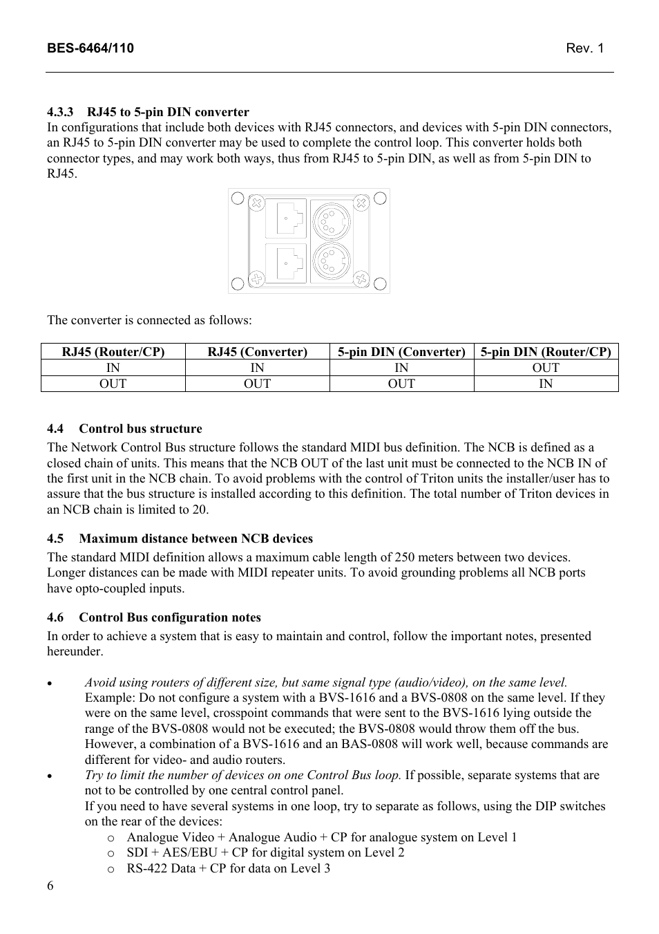 Rj45 to 5-pin din converter, Control bus structure, Maximum distance between ncb devices | Control bus configuration notes | Grass Valley TTN-BES-6464/110 User Manual | Page 14 / 26