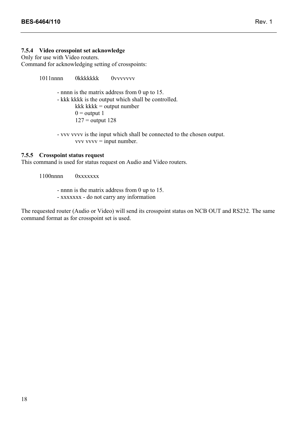 Video crosspoint set acknowledge, Crosspoint status request | Grass Valley TTN-BES-6464/110 User Manual | Page 26 / 26