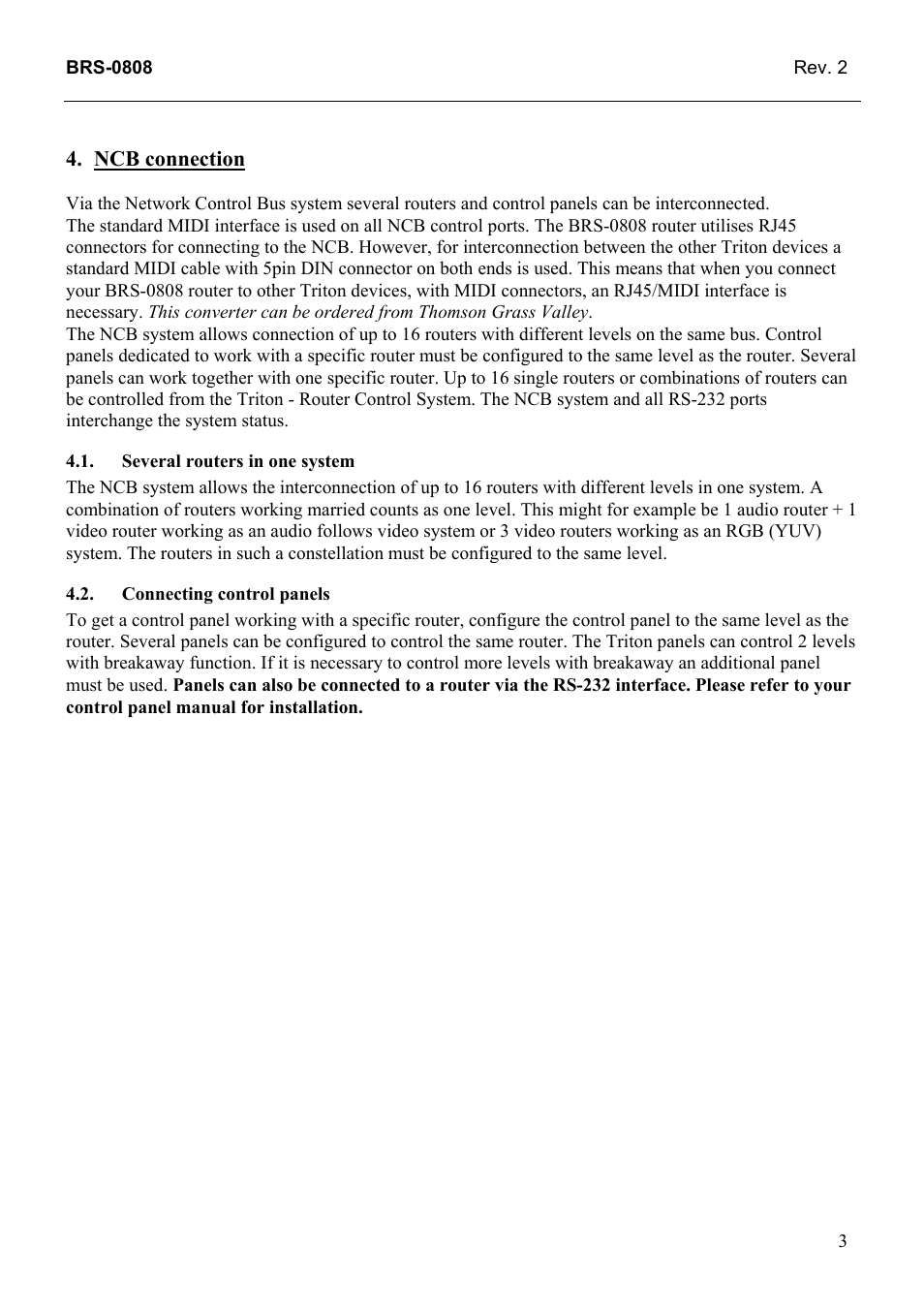 Ncb connection, Several routers in one system, Connecting control panels | Grass Valley TTN-BRS-0808 User Manual | Page 11 / 20