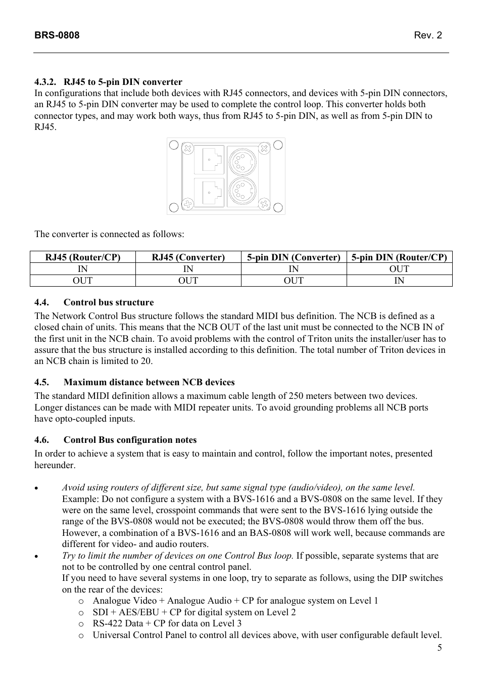 Rj45 to 5-pin din converter, Control bus structure, Maximum distance between ncb devices | Control bus configuration notes | Grass Valley TTN-BRS-0808 User Manual | Page 13 / 20