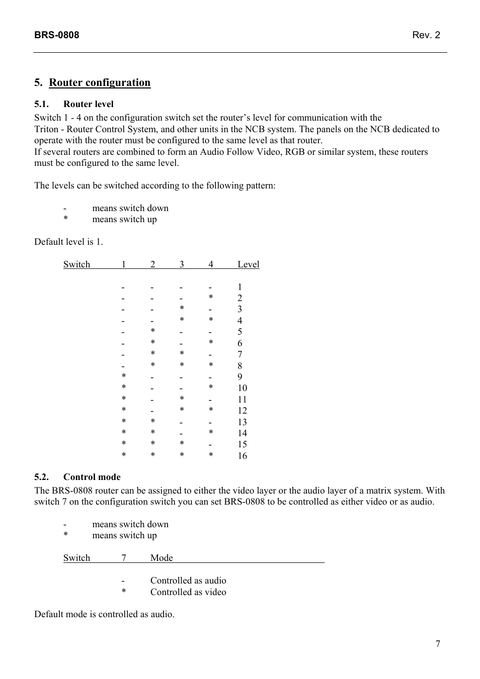 Router configuration, Router level, Control mode | Router, Level, Control, Mode | Grass Valley TTN-BRS-0808 User Manual | Page 15 / 20