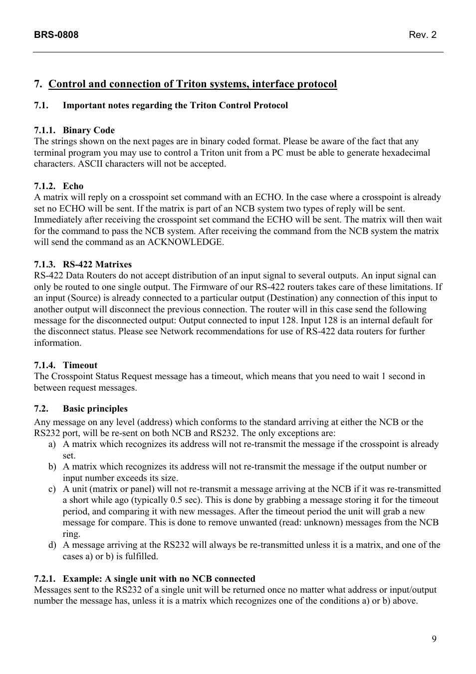 Binary code, Echo, Rs-422 matrixes | Timeout, Basic principles, Example: a single unit with no ncb connected, Binary, Code, Rs-422, Matrixes | Grass Valley TTN-BRS-0808 User Manual | Page 17 / 20