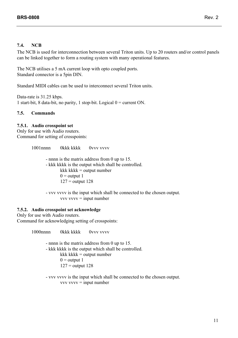 Commands, Audio crosspoint set, Audio crosspoint set acknowledge | Grass Valley TTN-BRS-0808 User Manual | Page 19 / 20