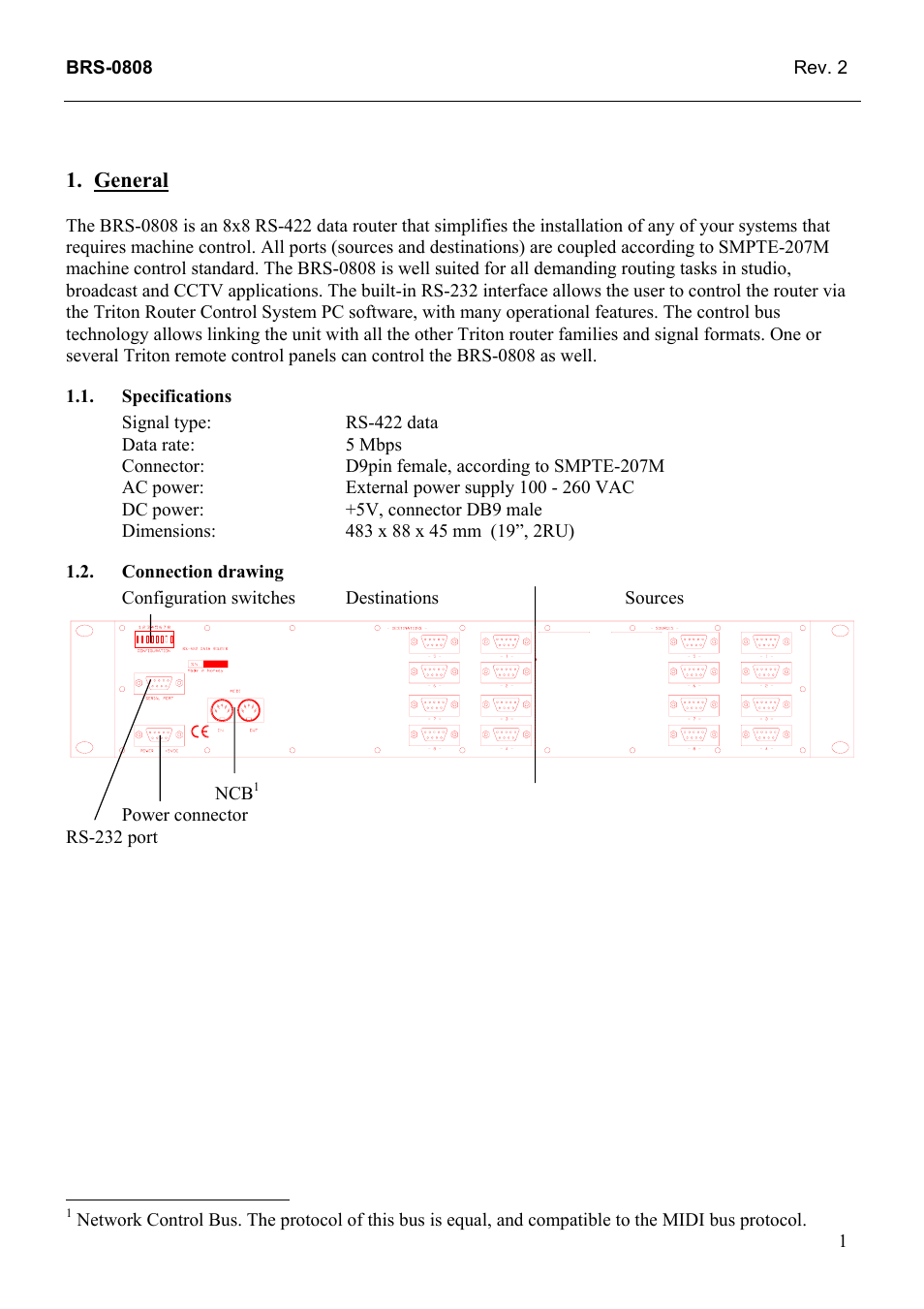 General, Specifications, Connection drawing | General 1, Connection, Drawing | Grass Valley TTN-BRS-0808 User Manual | Page 9 / 20