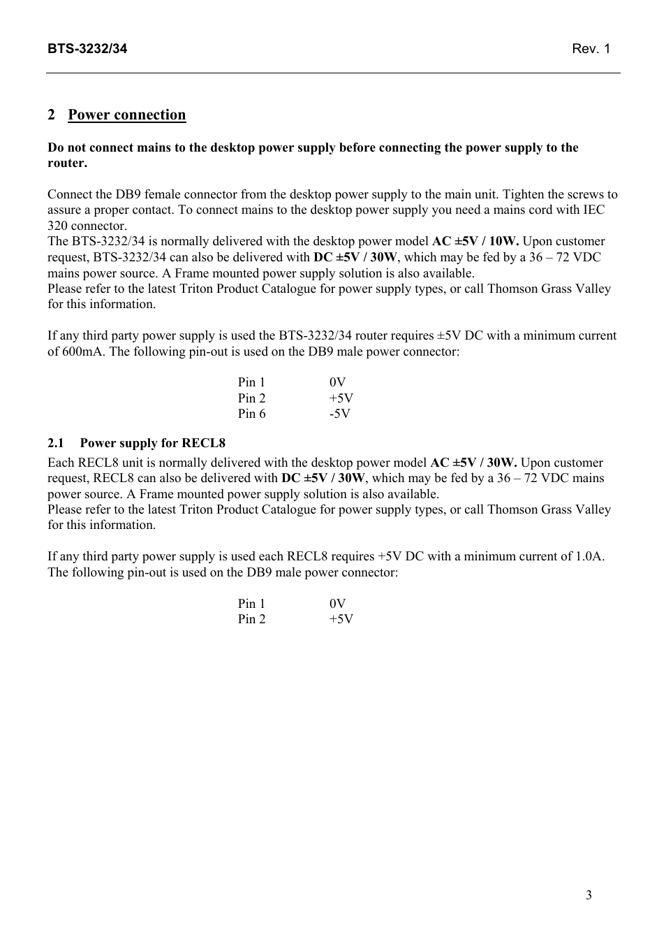 Power connection, Power supply for recl8 | Grass Valley TTN-BTS-3232/34 User Manual | Page 11 / 22