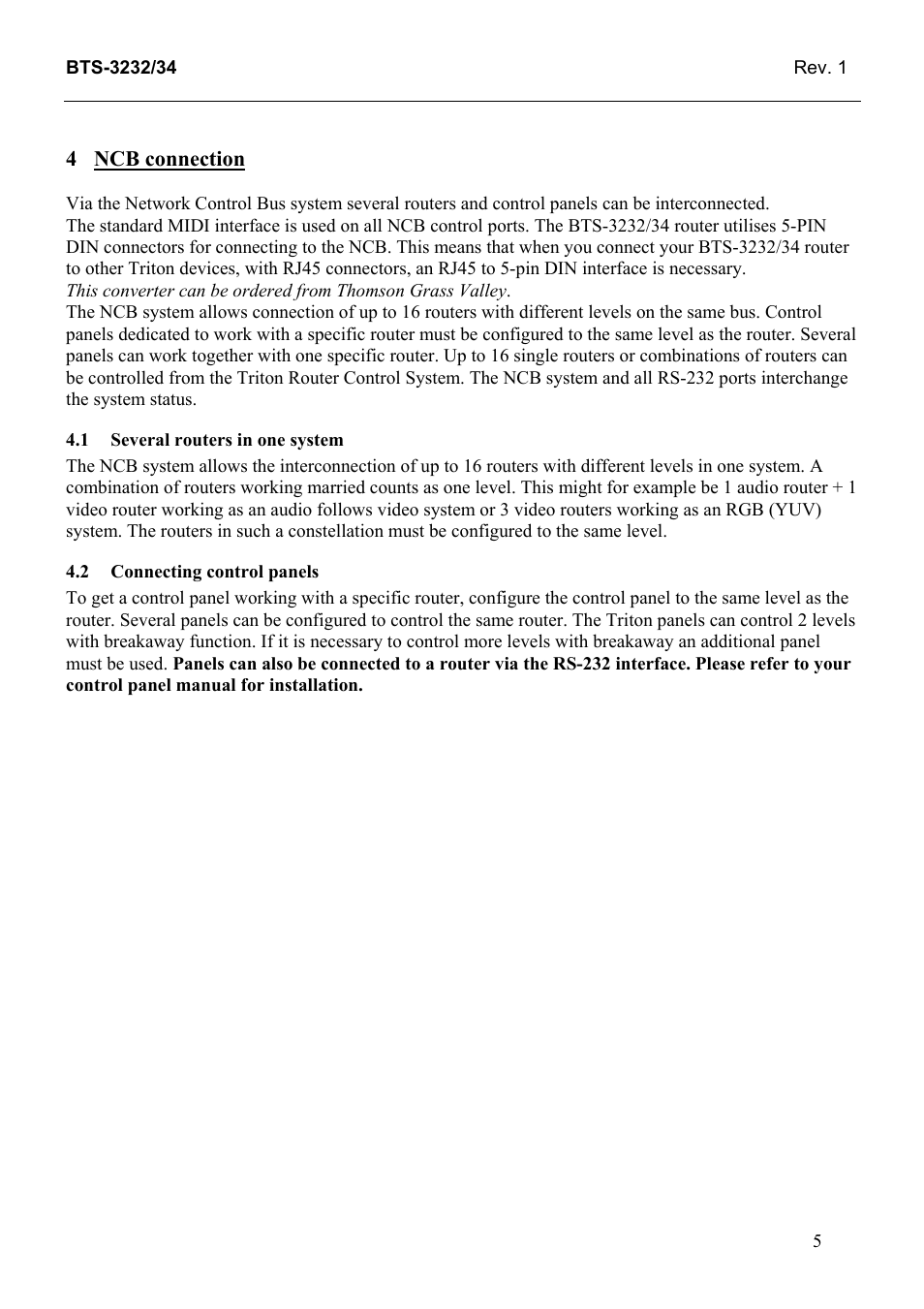 Ncb connection, Several routers in one system, Connecting control panels | Grass Valley TTN-BTS-3232/34 User Manual | Page 13 / 22