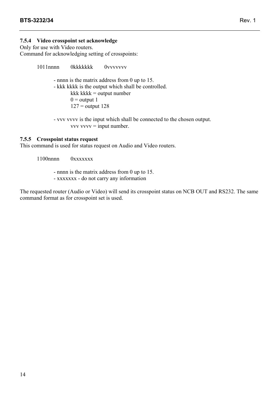 Video crosspoint set acknowledge, Crosspoint status request | Grass Valley TTN-BTS-3232/34 User Manual | Page 22 / 22