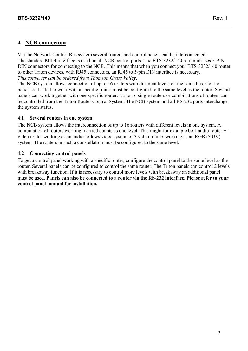 Ncb connection, Several routers in one system, Connecting control panels | Grass Valley TTN-BTS-3232/140 User Manual | Page 11 / 20