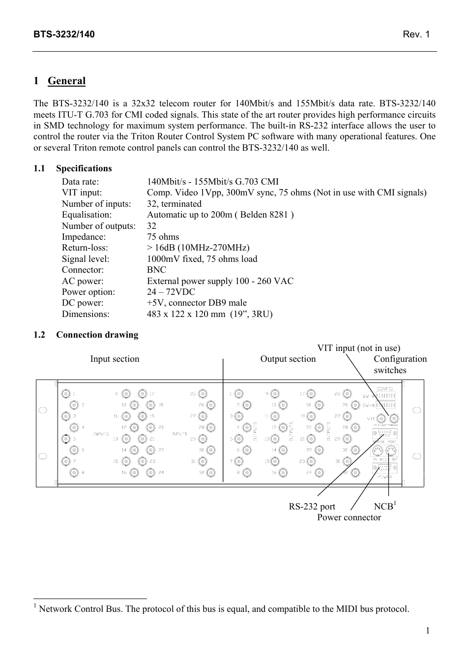 General, Specifications, Connection drawing | General 1, 1 specifications, 2 connection, Drawing | Grass Valley TTN-BTS-3232/140 User Manual | Page 9 / 20