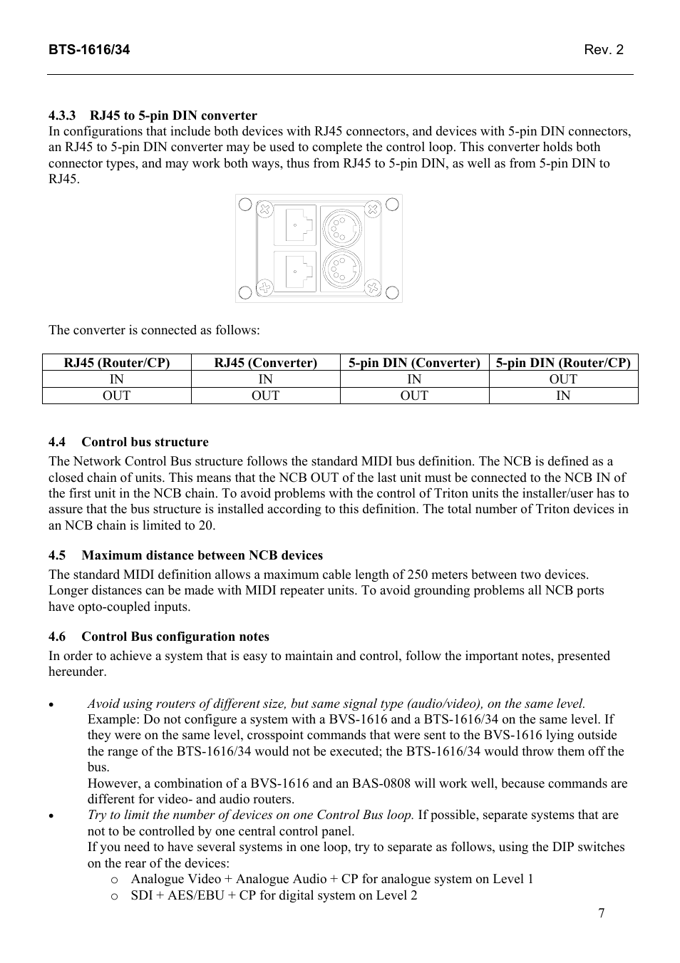 Rj45 to 5-pin din converter, Control bus structure, Maximum distance between ncb devices | Control bus configuration notes | Grass Valley TTN-BTS-1616/34 User Manual | Page 15 / 22