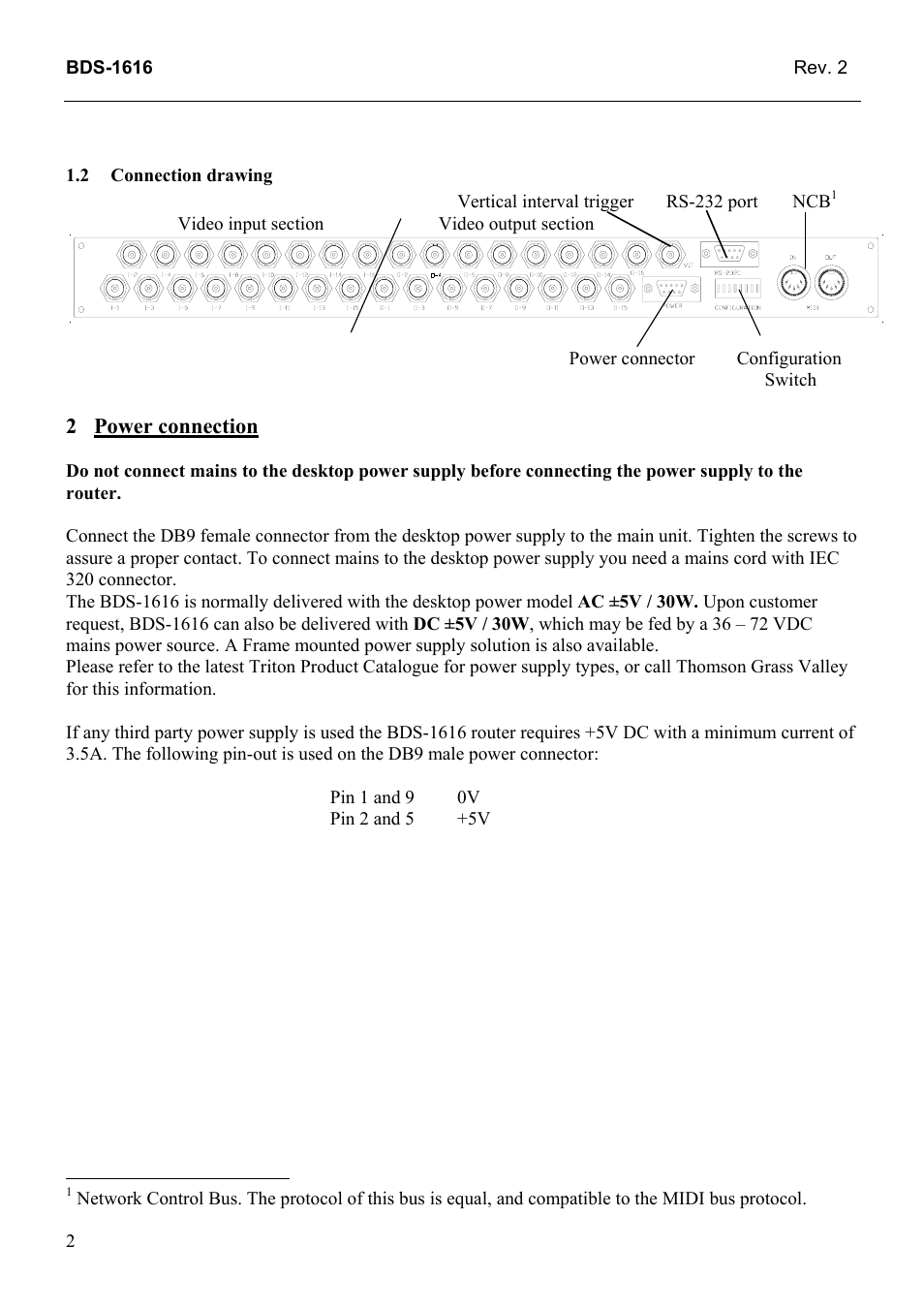 Connection drawing, Power connection, 2 connection | Drawing | Grass Valley TTN-BDS-1616 User Manual | Page 10 / 24