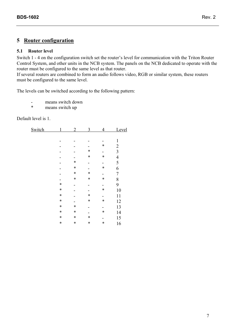 Router configuration, Router level, 1 router | Level | Grass Valley TTN-BDS-1602 User Manual | Page 15 / 21