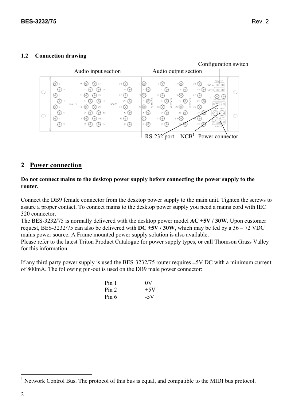 Connection drawing, Power connection, 2 connection | Drawing | Grass Valley TTN-BES-3232/75 User Manual | Page 10 / 25