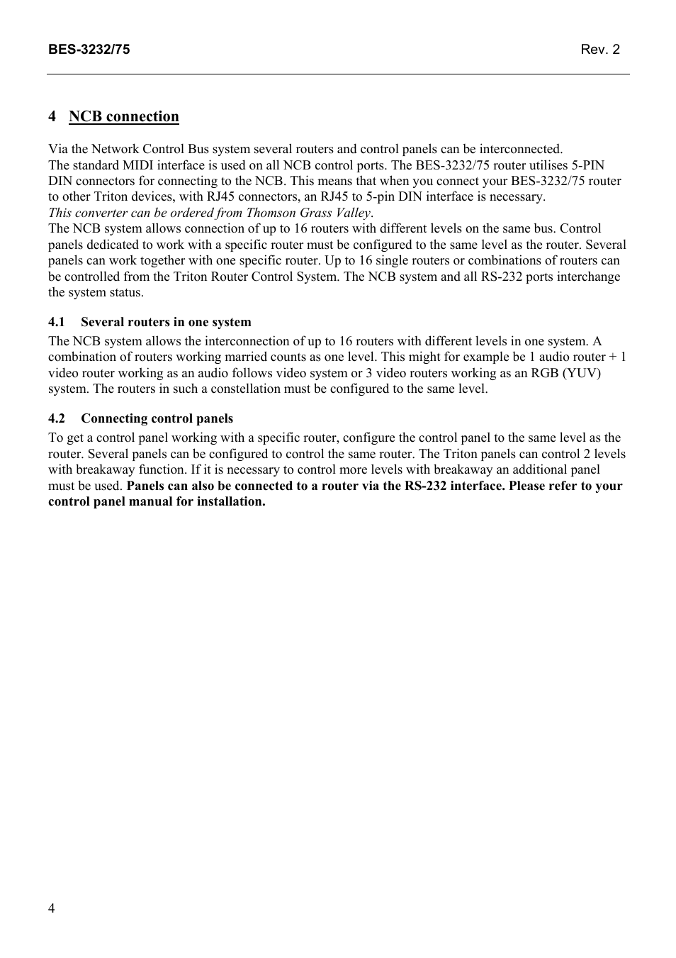 Ncb connection, Several routers in one system, Connecting control panels | Grass Valley TTN-BES-3232/75 User Manual | Page 12 / 25