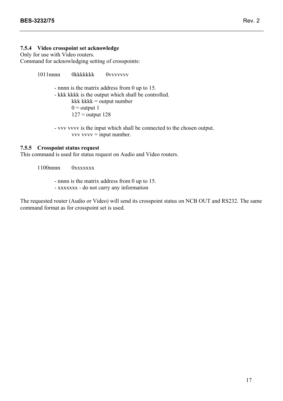 Video crosspoint set acknowledge, Crosspoint status request | Grass Valley TTN-BES-3232/75 User Manual | Page 25 / 25