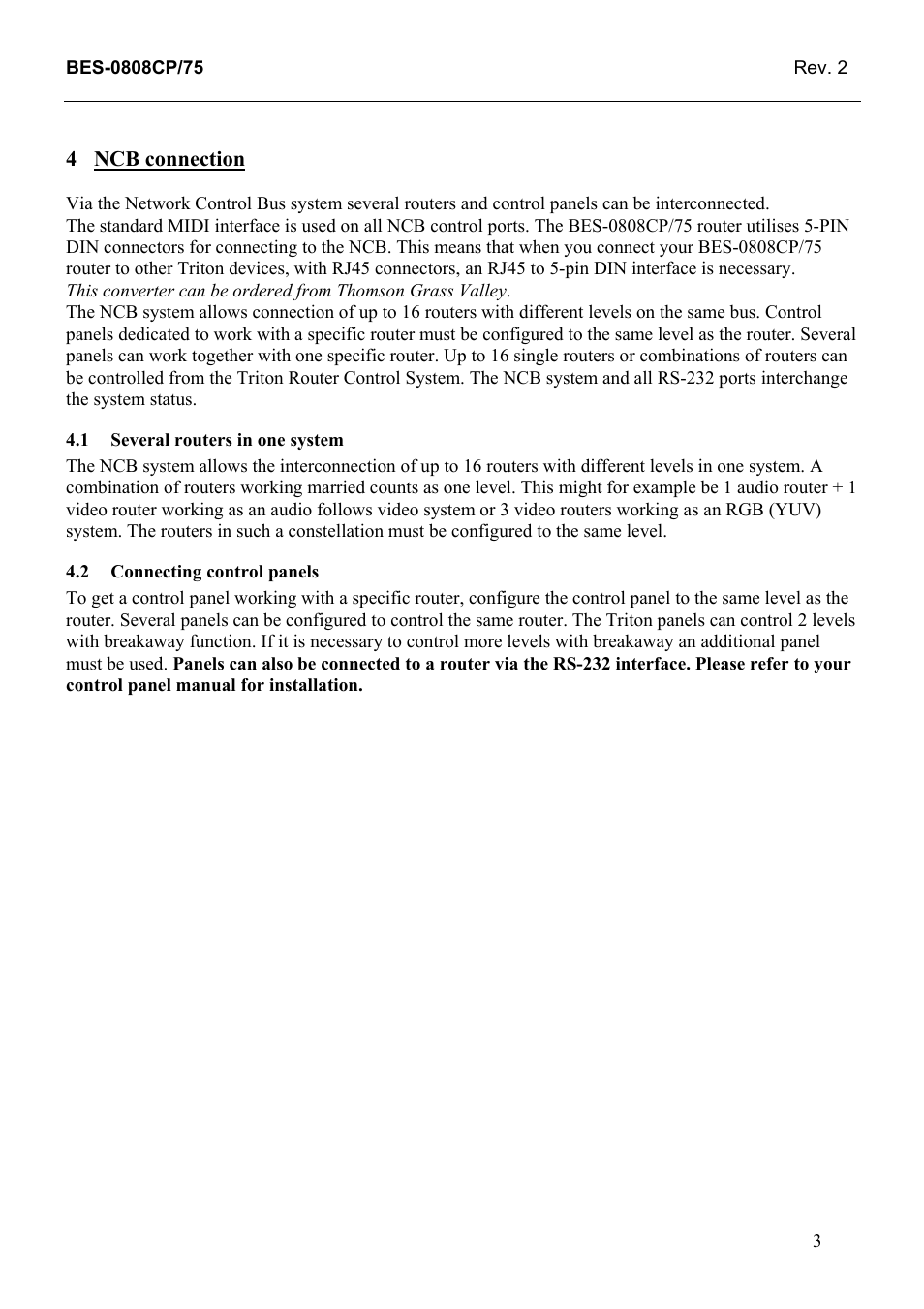 Ncb connection, Several routers in one system, Connecting control panels | Grass Valley TTN-BES-0808CP/75 User Manual | Page 11 / 23