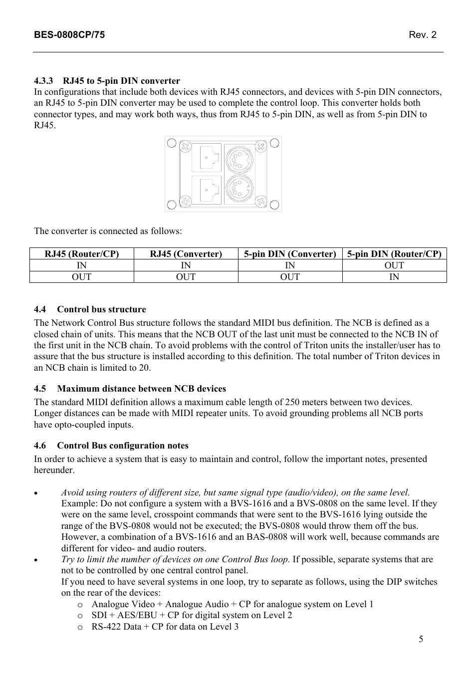 Rj45 to 5-pin din converter, Control bus structure, Maximum distance between ncb devices | Control bus configuration notes | Grass Valley TTN-BES-0808CP/75 User Manual | Page 13 / 23