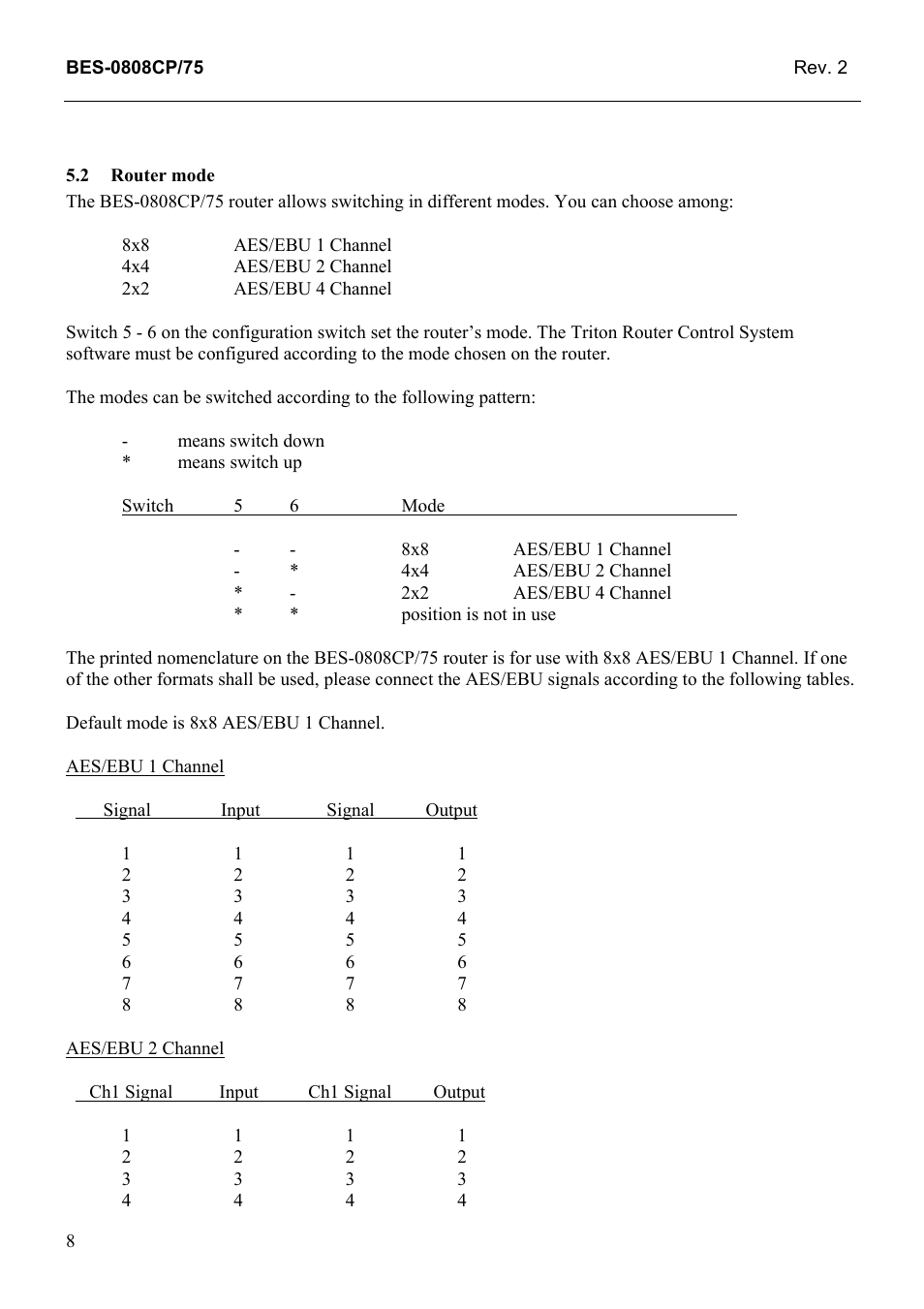 Router mode, 2 router, Mode | Grass Valley TTN-BES-0808CP/75 User Manual | Page 16 / 23