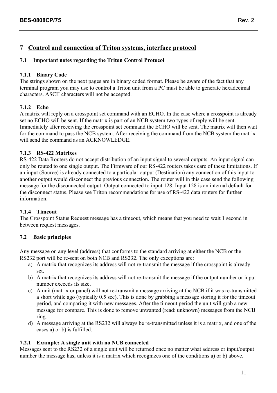 Binary code, Echo, Rs-422 matrixes | Timeout, Basic principles, Example: a single unit with no ncb connected, 1 binary, Code, 2 echo, 3 rs-422 | Grass Valley TTN-BES-0808CP/75 User Manual | Page 19 / 23