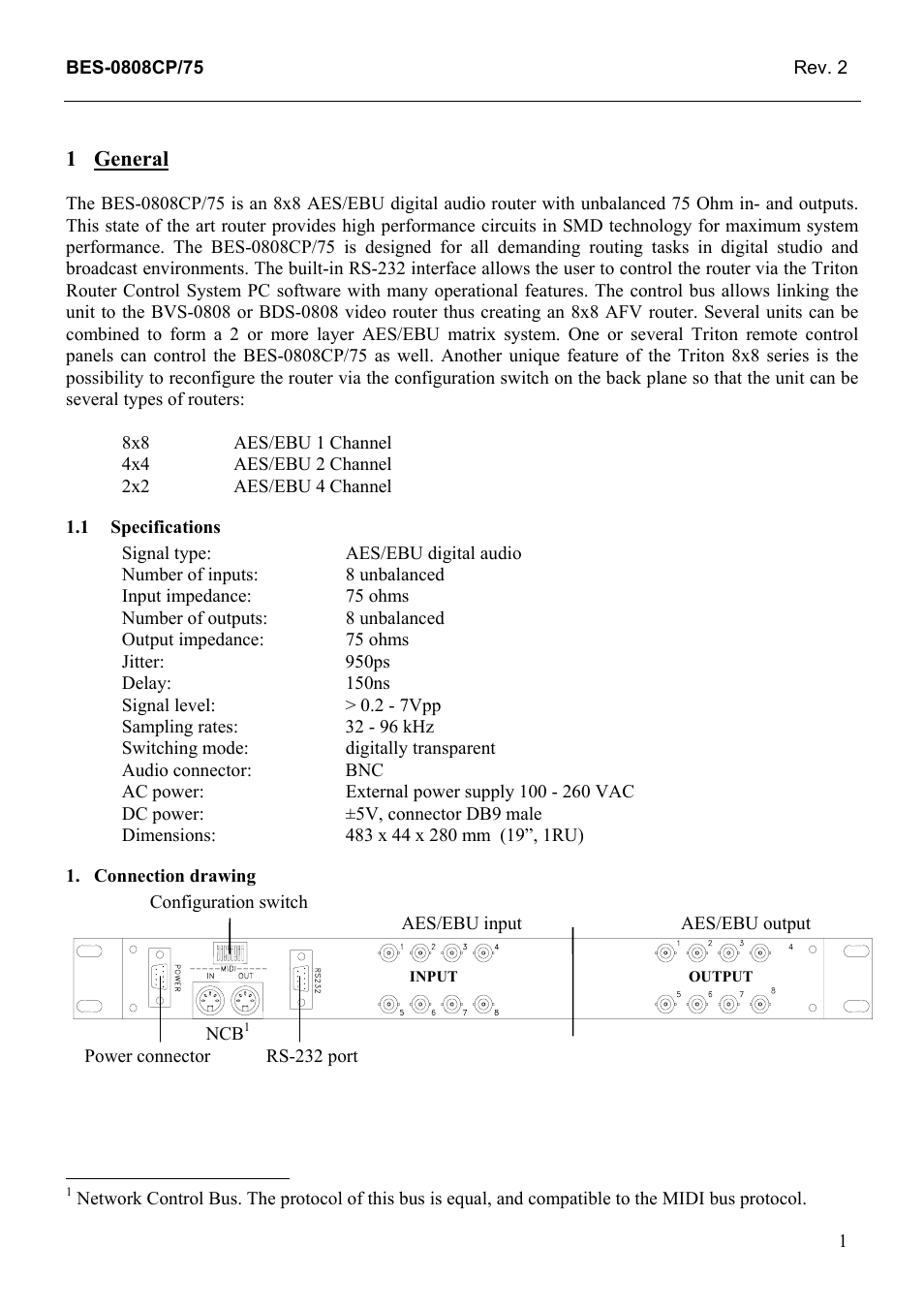 General, Specifications, Connection drawing | General 1, 1 specifications, Connection, Drawing | Grass Valley TTN-BES-0808CP/75 User Manual | Page 9 / 23