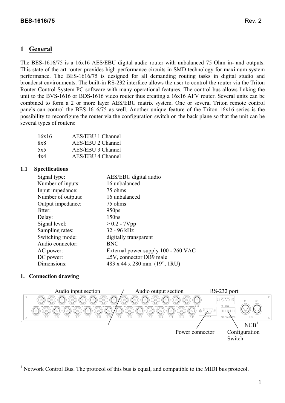 General, Specifications, Connection drawing | General 1, 1 specifications, Connection, Drawing | Grass Valley TTN-BES-1616/75 User Manual | Page 9 / 23