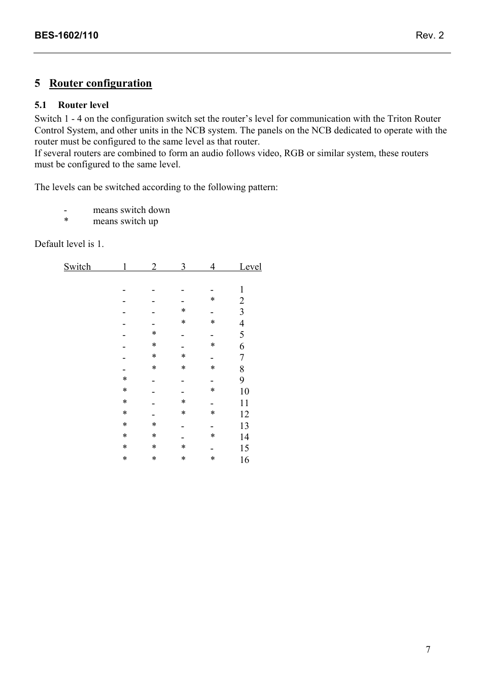 Router configuration, Router level, 1 router | Level | Grass Valley TTN-BES-1602/110 User Manual | Page 15 / 22
