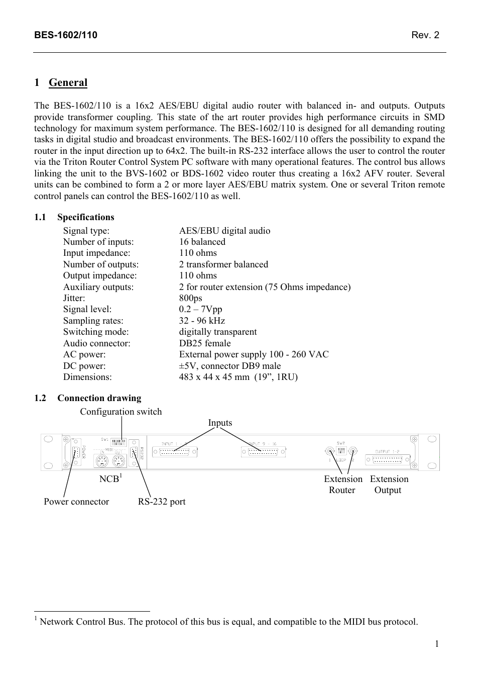 General, Specifications, Connection drawing | General 1, 1 specifications, 2 connection, Drawing | Grass Valley TTN-BES-1602/110 User Manual | Page 9 / 22