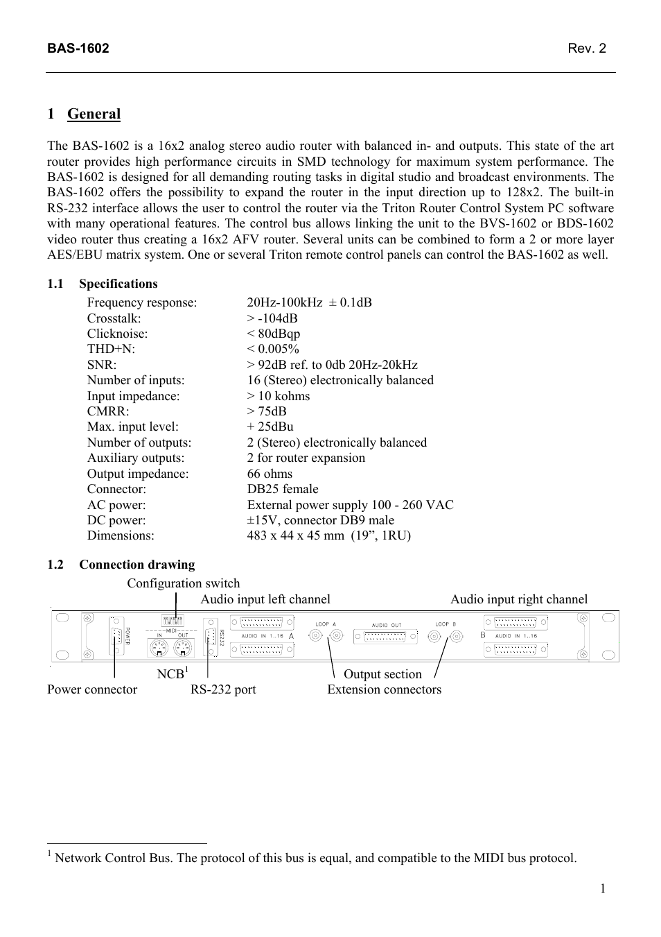 General, Specifications, Connection drawing | General 1, 1 specifications, 2 connection, Drawing | Grass Valley TTN-BAS-1602 User Manual | Page 9 / 22